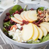 Apple Cranberry Walnut Salad · Red apple, green apple, toasted walnuts, dried cranberries, feta cheese, and grape tomato wi...