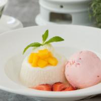 Coconut Panna Cotta · Serves with a scoop of Strawberry Ice Cream
