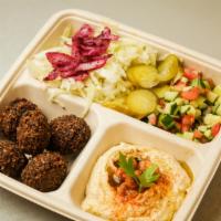 Classic Falafel Platter · Hummus, israeli chopped salad (cucumber, tomato, red onion, lemon juice, and Evoo), white ca...