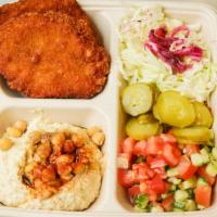 Chicken Cutlet Platter (Shnitzel) · Hummus, israeli chopped salad (cucumber, tomato, red onion, lemon juice, and Evoo), white ca...