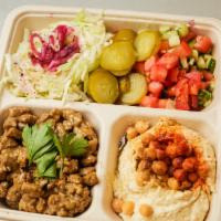 Vegan Shawarma Platter · Hummus, israeli chopped salad (cucumber, tomato, red onion, lemon juice, and Evoo), white ca...