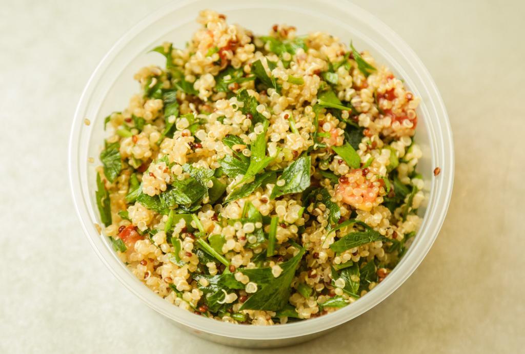 (Catering) Quinoa Tabbouleh Salad · Freshly chopped parsley, mint, and tomatoes with a mix of red and white quinoa. Serves 15-20 people.