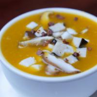 Pumpkin Mushroom Vegetable Seafood Soup · Serves 4.