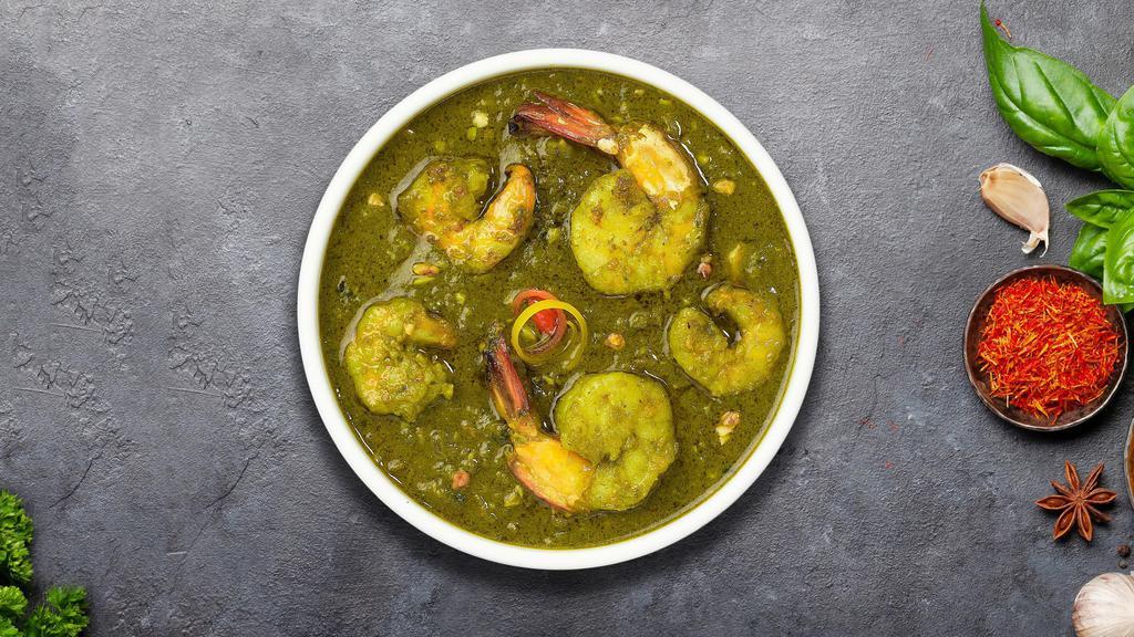 Shrimp Saag Secret · Shrimp cooked in a spinach gravy infused with garlic, ginger & fresh spices.