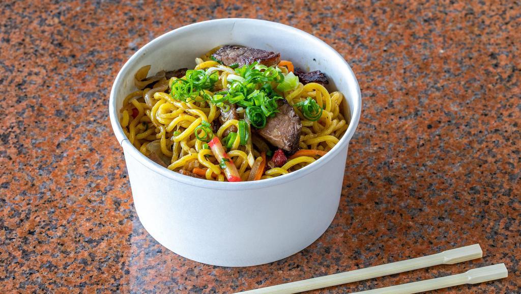 Brisket Fried Noodle · Wok Fried Noodles with Brisket, Char Siu, Kamaboko, Cabbage, Onions, Green Onions & Carrots. (24 oz container)