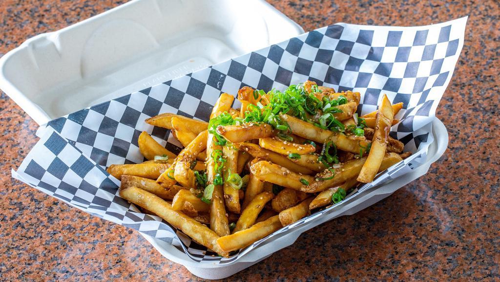 Teri Fries · House Sweet Soy Teri Sauce, Green Onions with Roasted Sesame Seeds.