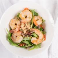 Grilled Shrimp Salad · Grilled shrimp, fresh tomatoes, roasted pepitas, basil infused white beans, greens, champagn...