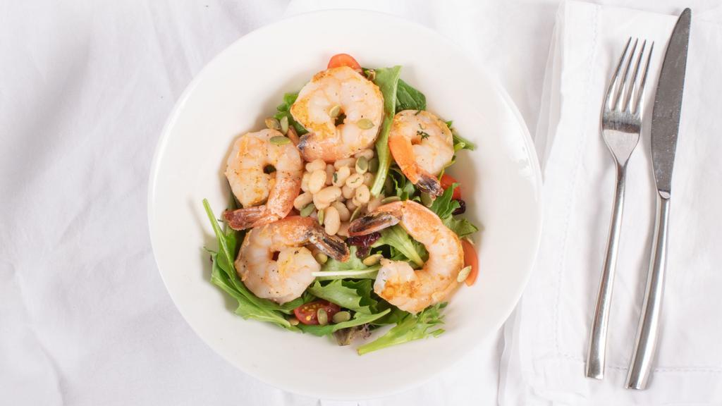 Grilled Shrimp Salad · Grilled shrimp, fresh tomatoes, roasted pepitas, basil infused white beans, greens, champagne vinaigrette
