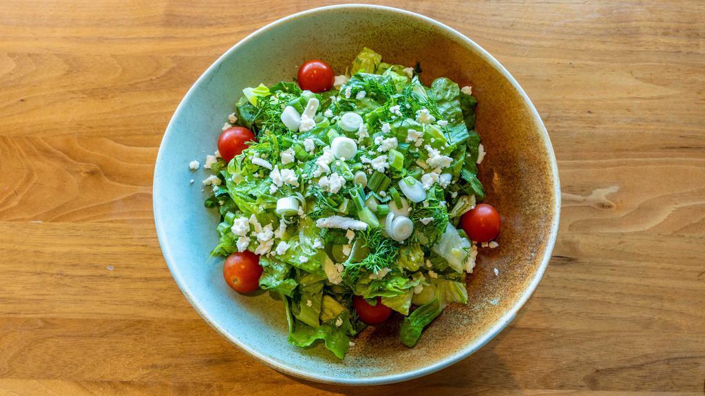 Marouli Salad · Romaine lettuce, scallions, dill and Feta cheese with lemon and olive oil.