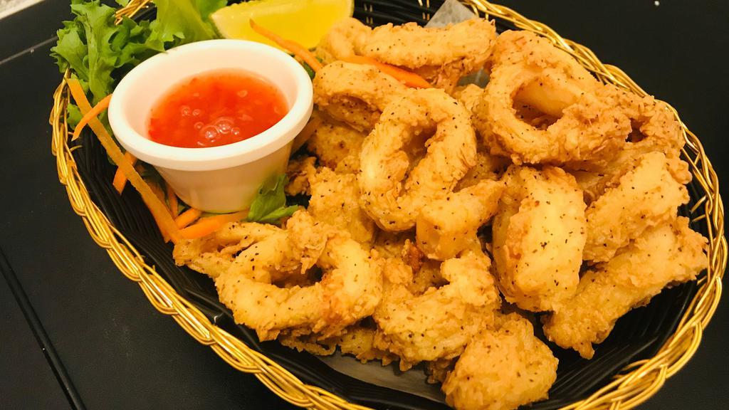 Crispy Calamari · Thai style fried calamari served with red sweet chili sauce.