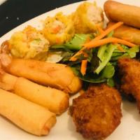 Deluxe Appetizer Assortment · Two spring rolls, three Chicken Wings, three Thai dumplings, and two crispy shrimp rolls.
