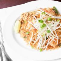 Pad Thai (Gluten Free) · Pan fried Thai rice noodle , egg, bean spout and crushed peanuts.