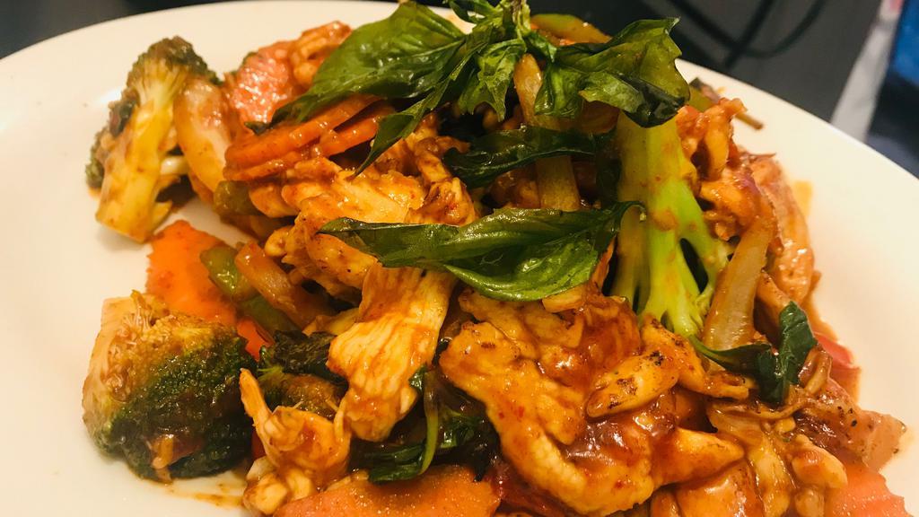 Spicy Basil · Spicy. Sautéed fresh basil, chili, garlic, onion, bell pepper, broccoli, carrot with spicy basil sauce.