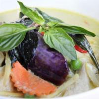 Green Curry Eggplant ( Vegan) · Spicy curry served with eggplant, bell pepper, bamboo shoot, and basil leaves.