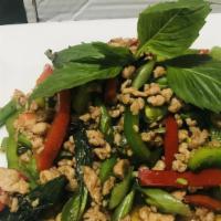 Bangkok Minced Chicken Basil · Spicy. To eat like Thai people, don't miss this dish. Minced chicken, string bean with origi...