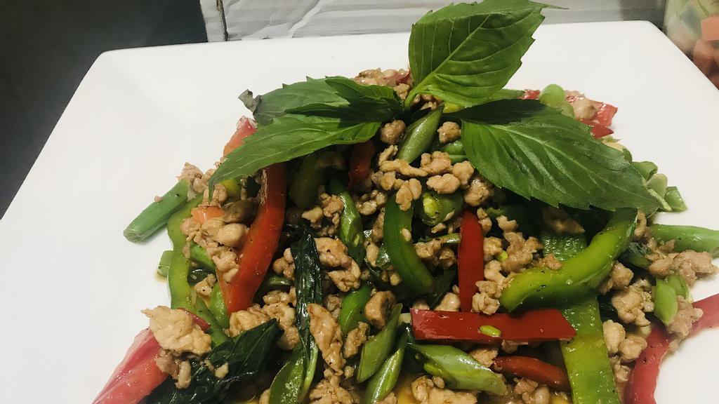 Bangkok Minced Chicken Basil · Spicy. To eat like Thai people, don't miss this dish. Minced chicken, string bean with original basil chili sauce
