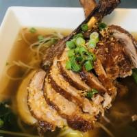Duck Noodle Soup · Duck meat, Chinese broccoli, bean spout, served with rice noodle in herbal broth.
