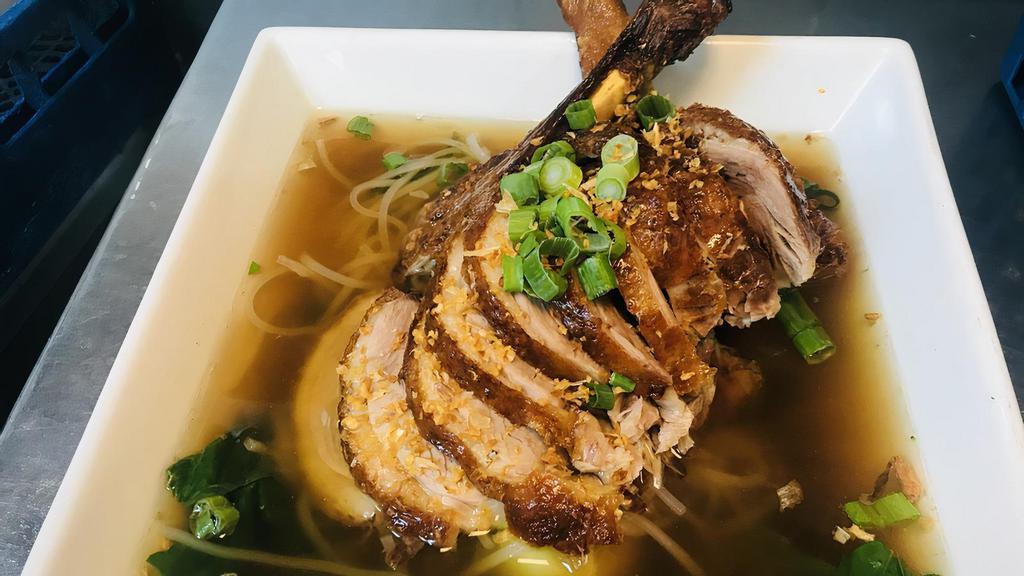 Duck Noodle Soup · Duck meat, Chinese broccoli, bean spout, served with rice noodle in herbal broth.