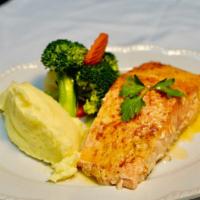 Grilled Salmon · Grilled filet of salmon with 2 side orders of your choice.