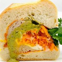 Green Egg & Seiatn Banh Mi · Egg (choice of style), Seitan slice, and spicy green sauce. - all sandwiches come on 1/2 a t...