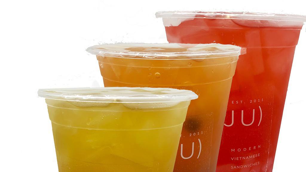 Green Tea Infusions · Iced jasmine green tea with real fruit pulp concentrate
Please notify a staff if you have dietary restrictions or allergies.