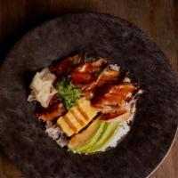 Unagi Don · Sea eel marinated in unagi sauce & tamago (japanese omelette) over rice with scallions & avo...