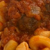Pasta With Meatballs Sauce · Fresh pasta with all-beef meatballs with pecorino, breadcrumbs, and spices, just like Grandm...