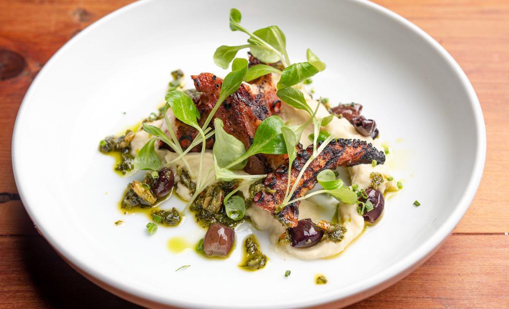 Charred Octopus · chick peas hummus, sweet peppers, pine nuts, olives pesto