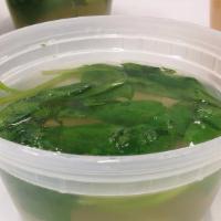 Clear Chicken Soup · Spicy. Clear chicken soup with bean curd, chicken, clear noodles, spinach, and cilantro.