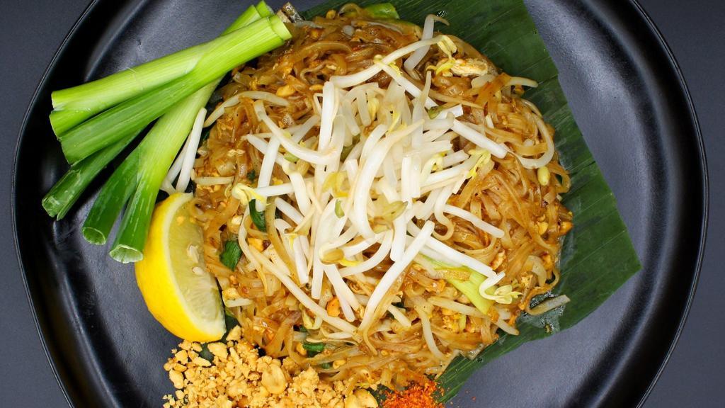 Pad Thai · Sautéed rice noodles, egg, bean, sprouts, scallion and crushed peanuts in a tamarind sauce. Gluten-free.