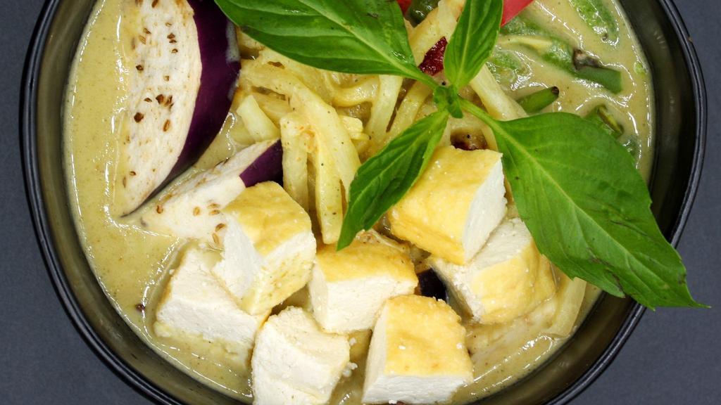 Green Curry (Vegetarian) · Hot Green chili paste and light sweet curry in the mix of coconut milk, eggplant, bamboo shoot, basil and bell peppers. Spicy.