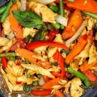 Pad Kra Prow · Classic dish with fresh basil, string beans, onion, bell peppers, carrots, chili and garlic ...