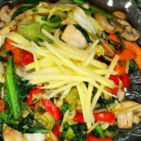 Pad Ginger · Stir-fried the aroma of fresh healthy ginger with mushrooms, onions, scallion, bell peppers,...