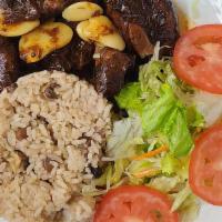 Oxtail · Served with choice of rice and peas, white rice,