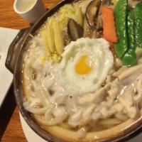 Nabe Yaki Udon · Chicken, veggie, egg, shrimp tempura with noodle soup.
