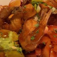 Tempura Shrimp Poke · crispy fried jumbo shrimp, radish, avocado, scallions, tomato, cilantro, teriyaki sauce, and...