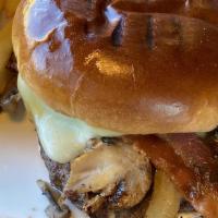 Rock Star Burger · bacon, caramelized onions, grilled mushrooms, and melted Swiss cheese