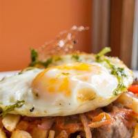 Peru-Lomo Saltado · Gluten free. Sautéed skirt steak, onions, peppers, fries, stir fried rice, chorizo, and frie...