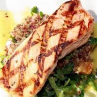 Chile-Salmon A La Parilla · Gluten free. Grilled Salmon with quinoa tabbouleh salad with shiitake mushrooms, sweet plant...