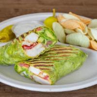 Caesar Wrap · Grilled chicken, turkey bacon, caesar dressing, Romine lettuce and Parmesan cheese.