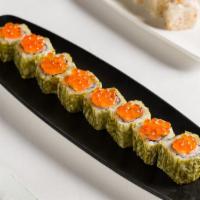 Salmon Ikura Roll · Seared Salmon, onion mayonnaise, yuzu soy sauce, and topped with ikura.