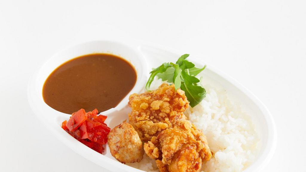 Karaage Chicken Curry Rice · Chicken Curry Rice Topped with 2 Fresh Butchered Boneless Japanese Fried Chicken