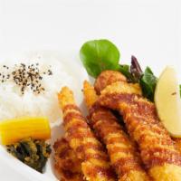 Sasami Katsu Bento · 5 Fresh Butchered Panko Fried Lean Chicken Breast. Side of Tonkatsu Sauce