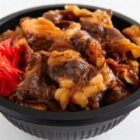 Beef Bowl Gyu-Don · Teriyaki Simmered Shredded Beef Slices with Onion over rice. side of red ginger pickles.