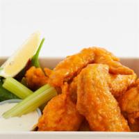 Karaage Fried Chicken Buffalo Wings · 8 Karaage Japanese Fried Chicken Wings tossed in Home-made Buffalo Sauce. with Bleu-Ranch Dr...