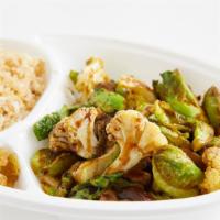 Deep Fried Brussels With Quinoa Mix · Deep Fried Brussel Sprouts with Cauliflower & Mushroom glazed with Balsamic Glaze. With Mult...