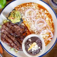 Tampiqueña · Skirt Steak, Enchiladas, Guacamole & Beans.