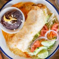 Enchiladas Suizas · Rolled Corn Tortilla, Filled with Chicken, Swiss Cheese, Beans & Salad.