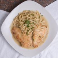 Chicken Francaise · Includes your choice of spaghetti, penne, linguini, tossed salad or french fries.  Bread ser...