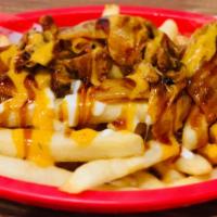 K. Rowling Fries · Japanese, korean style french fries with pork belly, kimchi with cheese, spicy mayo and teri...